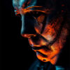 A close-up of a person wearing a textured, eerie Michael Myers mask is illuminated by blue and orange lighting against a dark background, evoking the chilling atmosphere of Halloween. Horror poster available in A1 to A4 sizes.