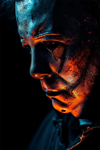 A close-up of a person wearing a textured, eerie Michael Myers mask is illuminated by blue and orange lighting against a dark background, evoking the chilling atmosphere of Halloween. Horror poster available in A1 to A4 sizes.
