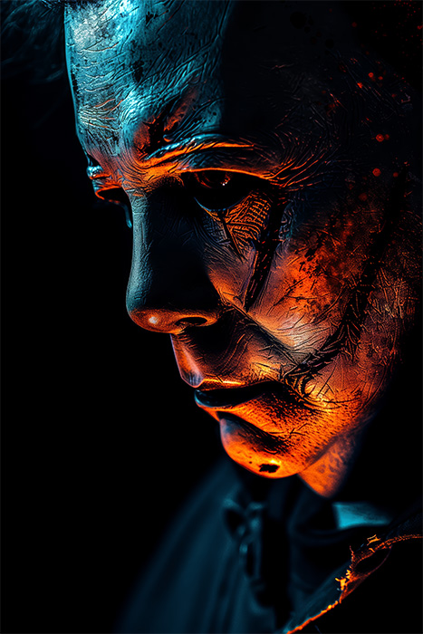product-image-2-3 A close-up of a person wearing a textured, eerie Michael Myers mask is illuminated by blue and orange lighting against a dark background, evoking the chilling atmosphere of Halloween. Horror poster available in A1 to A4 sizes.