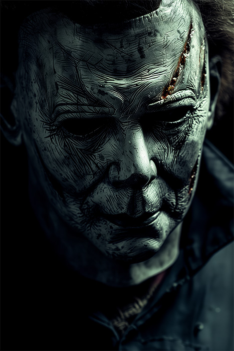 product-image-2-3 A close-up of a person wearing a pale, expressionless Michael Myers mask with visible scratches and scars, dressed in a dark outfit against a shadowy background—a chilling nod to Halloween. Horror poster available in A1 to A4 sizes.