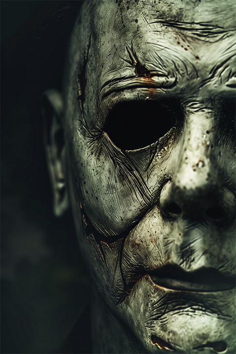 product-image-2-3 Close-up of a worn, cracked, and scarred white mask with hollow black eye holes, creating an eerie and unsettling appearance. Michael Myers from Halloween. Horror poster available in A1 to A4 sizes.