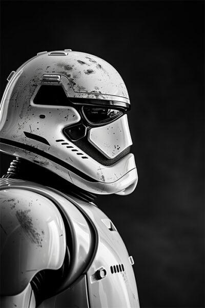 A close-up side view of a white, futuristic Stormtrooper helmet and suit with visible scratches and markings, set against a dark, blurred background inspired by Star Wars. Fantasy art poster available in A1 to A4 sizes.