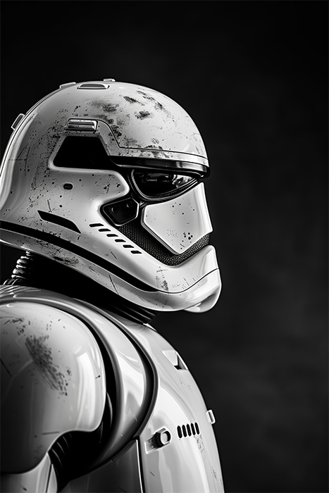 product-image-2-3 A close-up side view of a white, futuristic Stormtrooper helmet and suit with visible scratches and markings, set against a dark, blurred background inspired by Star Wars. Fantasy art poster available in A1 to A4 sizes.