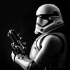 A Star Wars Stormtrooper with a white futuristic armoured suit and helmet holds a blaster, standing against a dark background. Fantasy art poster available in A1 to A4 sizes.