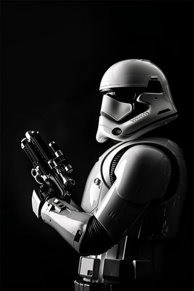 A Star Wars Stormtrooper with a white futuristic armoured suit and helmet holds a blaster, standing against a dark background. Fantasy art poster available in A1 to A4 sizes.