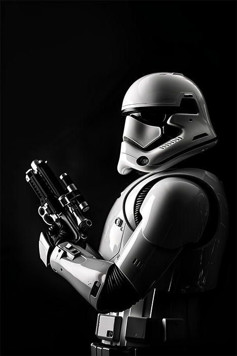 product-image-2-3 A Star Wars Stormtrooper with a white futuristic armoured suit and helmet holds a blaster, standing against a dark background. Fantasy art poster available in A1 to A4 sizes.