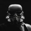 A close-up of a Stormtrooper helmet and armour from Star Wars set against a dark, black background. Fantasy art poster available in A1 to A4 sizes.