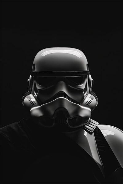 A close-up of a Stormtrooper helmet and armour from Star Wars set against a dark, black background. Fantasy art poster available in A1 to A4 sizes.