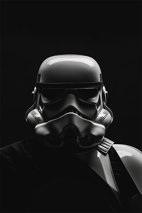 A close-up of a Stormtrooper helmet and armour from Star Wars set against a dark, black background. Fantasy art poster available in A1 to A4 sizes.