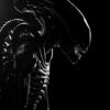 A dark, biomechanical Alien Xenomorph with a long, smooth head and exposed ribs stands in dramatic lighting against a black background. Horror poster available in A1 to A4 sizes.