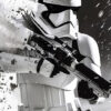 A Stormtrooper in white armour fires a blaster as debris flies around, set against a dark background with dramatic Star Wars lighting. Fantasy art poster available in A1 to A4 sizes.