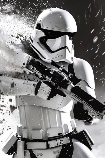 A Stormtrooper in white armour fires a blaster as debris flies around, set against a dark background with dramatic Star Wars lighting. Fantasy art poster available in A1 to A4 sizes.