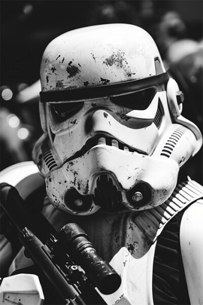 A close-up of a Stormtrooper with weathered helmet and armour, holding a blaster, in black and white—a gritty nod to the iconic Star Wars universe. Fantasy art poster available in A1 to A4 sizes.