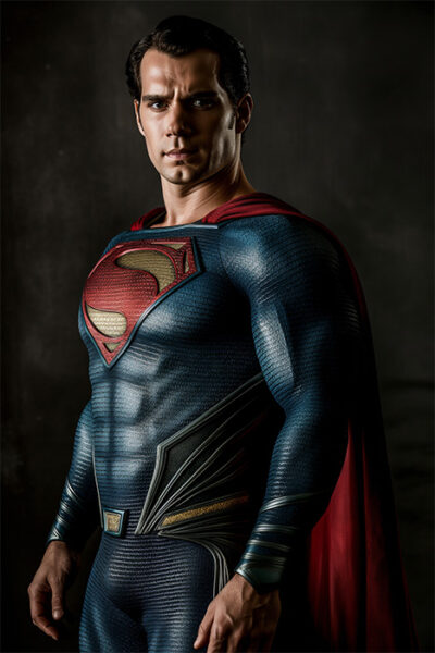 Superman with a red and yellow S emblem on his chest and a red cape stands against a dark background, an iconic Superman portrait. Fantasy art poster available in A1 to A4 sizes.