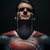 Superman stands under dramatic lighting, wearing a red cape and a suit with a large S emblem on his chest, looking upward with a serious expression in this striking Superman Portrait. Fantasy art poster available in A1 to A4 sizes.