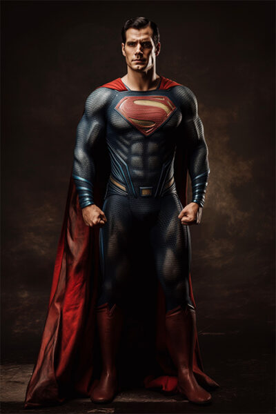 Superman stands with fists clenched, wearing a red cape and looking straight ahead against a dark background; a powerful Superman portrait. Fantasy art poster available in A1 to A4 sizes.