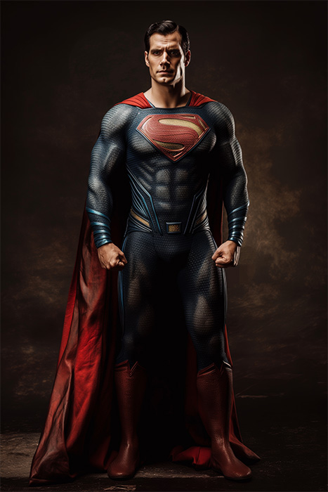 product-image-2-3 Superman stands with fists clenched, wearing a red cape and looking straight ahead against a dark background; a powerful Superman portrait. Fantasy art poster available in A1 to A4 sizes.