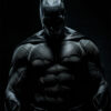 A person wearing a detailed, muscular Batman costume stands against a dark background, partially illuminated from above, creating a striking Batman Portrait. Fantasy art poster available in A1 to A4 sizes.