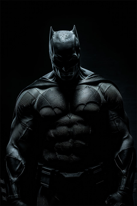 A person wearing a detailed, muscular Batman costume stands against a dark background, partially illuminated from above, creating a striking Batman Portrait. Fantasy art poster available in A1 to A4 sizes.