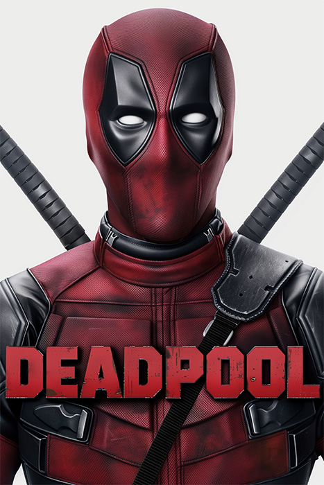 product-image-2-3 The Marvel character Deadpool in a red and black masked costume with two swords on his back stands in front of a plain background. The word DEADPOOL is written in bold red letters at the bottom. Fantasy art poster available in A1 to A4 sizes.