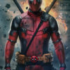 Deadpool stands facing forward in his red and black suit, with swords on his back and explosions in the background. The word DEADPOOL is displayed at the bottom. Fantasy art poster available in A1 to A4 sizes.