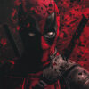 Close-up of the Marvel character Deadpool in a black & red mask, with glowing white eyes, stands against a dark, splattered red background, two swords strapped to his back like a comic antihero. Fantasy art poster available in A1 to A4 sizes.