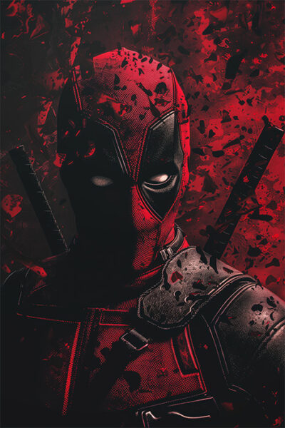 Close-up of the Marvel character Deadpool in a black & red mask, with glowing white eyes, stands against a dark, splattered red background, two swords strapped to his back like a comic antihero. Fantasy art poster available in A1 to A4 sizes.