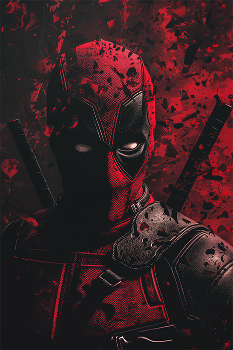 product-image-2-3 Close-up of the Marvel character Deadpool in a black & red mask, with glowing white eyes, stands against a dark, splattered red background, two swords strapped to his back like a comic antihero. Fantasy art poster available in A1 to A4 sizes.