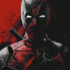 Illustration of Deadpool in a Black & Red suit with white eye coverings, sword on his back, and a red splatter background, capturing the iconic look of Deadpool. Fantasy art poster available in A1 to A4 sizes.