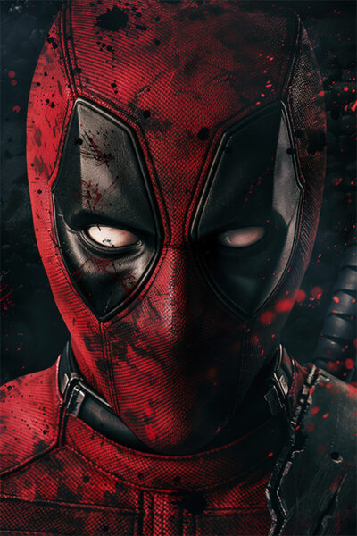 Close-up of Deadpool in a Black & Red suit and mask with white eye covers, splattered with blood, and a sword on his back—capturing the bold style fans will love in Deadpool. Fantasy art poster available in A1 to A4 sizes.