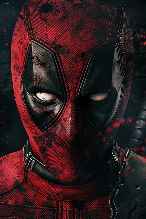 product-image-2-3 Close-up of Deadpool in a Black & Red suit and mask with white eye covers, splattered with blood, and a sword on his back—capturing the bold style fans will love in Deadpool. Fantasy art poster available in A1 to A4 sizes.