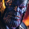 Close-up of the Marvel character Thanos; a menacing comic book character with purple skin and gold armour. Fantasy art poster available in A1 to A4 sizes.