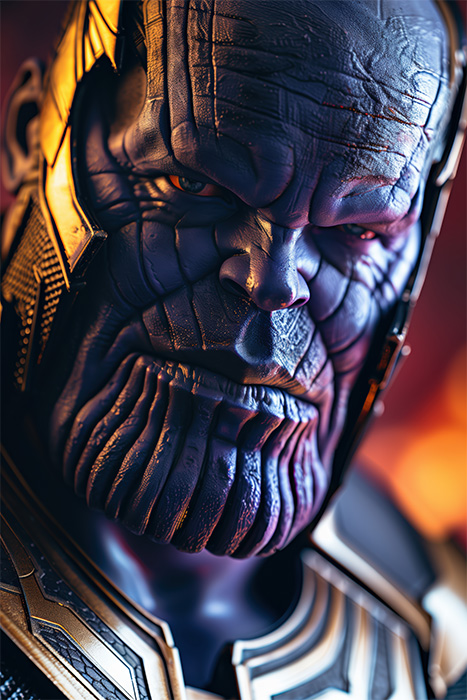 product-image-2-3 Close-up of the Marvel character Thanos; a menacing comic book character with purple skin and gold armour. Fantasy art poster available in A1 to A4 sizes.