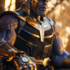 Thanos - A muscular figure in futuristic black and gold armour with a metallic gauntlet sits outdoors, illuminated by warm light, looking focused and serious. Fantasy art poster available in A1 to A4 sizes.