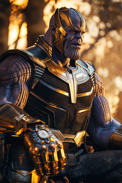 Thanos - A muscular figure in futuristic black and gold armour with a metallic gauntlet sits outdoors, illuminated by warm light, looking focused and serious. Fantasy art poster available in A1 to A4 sizes.