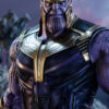 A detailed, realistic depiction of Thanos in his armour, standing with a stern expression against a dramatic, cloudy background. Fantasy art poster available in A1 to A4 sizes.