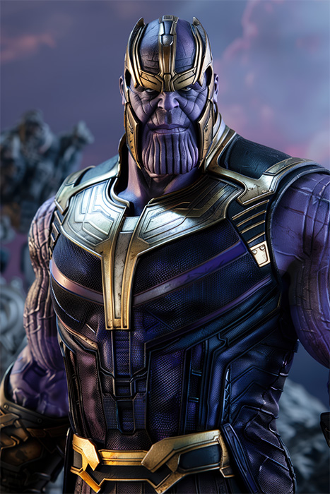 product-image-2-3 A detailed, realistic depiction of Thanos in his armour, standing with a stern expression against a dramatic, cloudy background. Fantasy art poster available in A1 to A4 sizes.