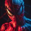 A close-up Spider-Man portrait features a person in costume, illuminated by red and blue lighting, highlighting the suit’s web pattern and large white eye lenses. Fantasy art poster available in A1 to A4 sizes.