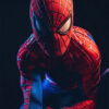A person in a detailed Spider-Man costume poses against a dark background, extending one hand forward in a crouched stance—capturing the dynamic energy of Spider-Man art. Fantasy art poster available in A1 to A4 sizes.