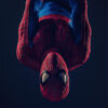 A person dressed as Spider-Man is hanging around upside down against a dark background. Fantasy art poster available in A1 to A4 sizes.
