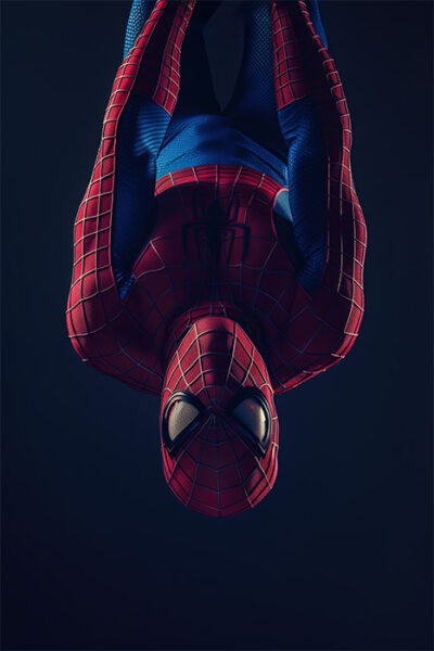 A person dressed as Spider-Man is hanging around upside down against a dark background. Fantasy art poster available in A1 to A4 sizes.