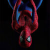 Just Hanging Around, a person in a red and blue Spider-Man costume hangs upside down against a black background. Fantasy art poster available in A1 to A4 sizes.