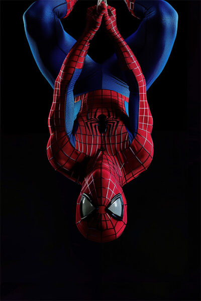 Just Hanging Around, a person in a red and blue Spider-Man costume hangs upside down against a black background. Fantasy art poster available in A1 to A4 sizes.