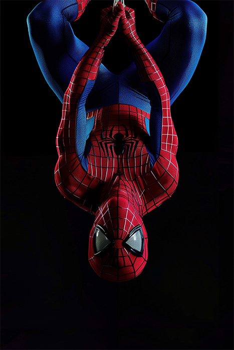 product-image-2-3 Just Hanging Around, a person in a red and blue Spider-Man costume hangs upside down against a black background. Fantasy art poster available in A1 to A4 sizes.