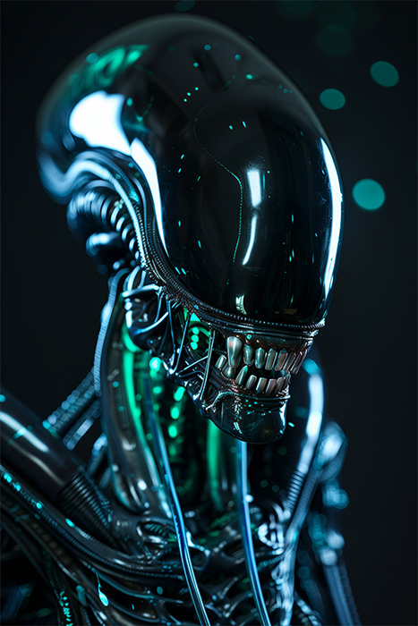 product-image-2-3 A shiny, biomechanical Alien Xenomorph creature with a smooth elongated head, exposed metallic teeth, and glowing green lights, set against a dark background. Horror poster available in A1 to A4 sizes.