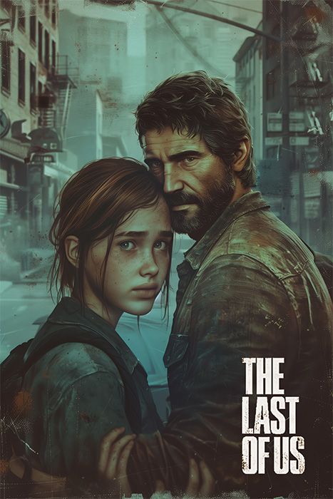 product-image-2-3 A man and a teenage girl stand close together in a distressed urban setting, both appearing serious. “The Last Of Us” is boldly displayed in the corner, capturing the intense mood of this striking poster. Gaming poster available in A1 to A4 sizes.