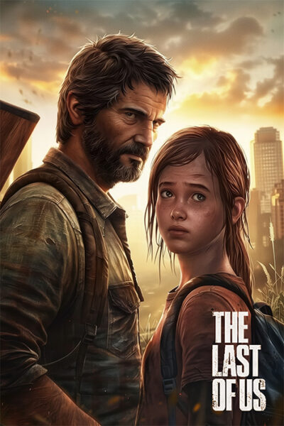 A man and a young girl stand close together outdoors with backpacks, looking serious. City buildings rise in the background. “The Last Of Us” is displayed in the corner, capturing the dramatic mood of this iconic scene. Gaming poster available in A1 to A4 sizes.