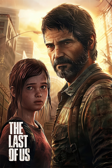 product-image-2-3 A man and a girl with serious expressions stand close together in a rundown urban setting. The Last of Us poster title appears in the lower left corner. Gaming poster available in A1 to A4 sizes.