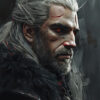 A portrait of Geralt of Rivia from The Witcher: a white-haired man with pale skin, glowing red eyes, facial scars, and a rugged beard wears dark armour and a wolf medallion, set against a dark, blurred background. Gaming poster available in A1 to A4 sizes.