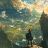 A character with a sword and shield overlooks a vast, mountainous landscape at sunrise; the Legend Of Zelda: Breath Of The Wild Poster logo appears at the bottom. Gaming poster available in A1 to A4 sizes.